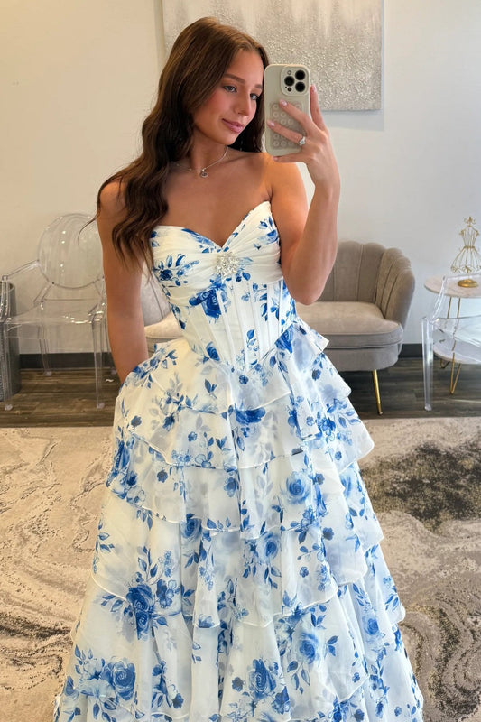 Elegant Blue Floral Sweetheart Tiered Prom Dress with Corset Bodice