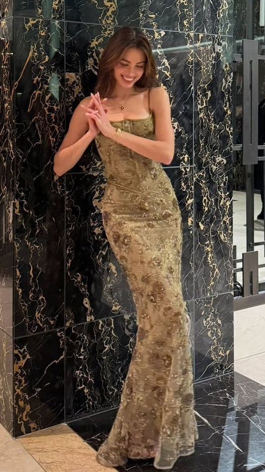 Elegant Lace Mermaid Prom Dresses Spaghetti Straps Evening Party Dress,LTP4316