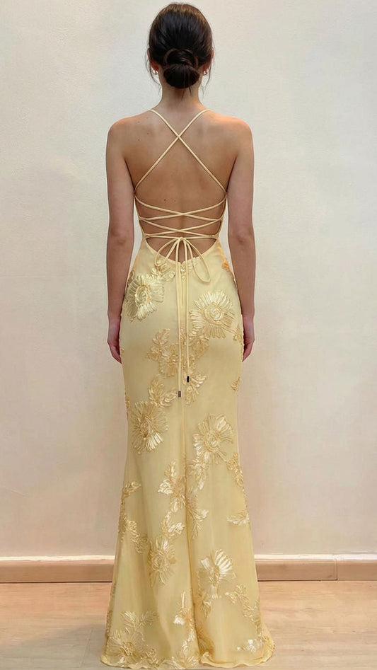 Elegant Mermaid Floral Embroidered Lace Up Yellow Prom Dress,AST2298