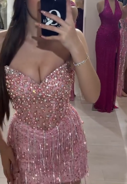 Gorgeous Strapless Sequin Beaded Sheath Cocktail Dress Pink Formal Short Homecoming Dress Birthday Dress Y9784