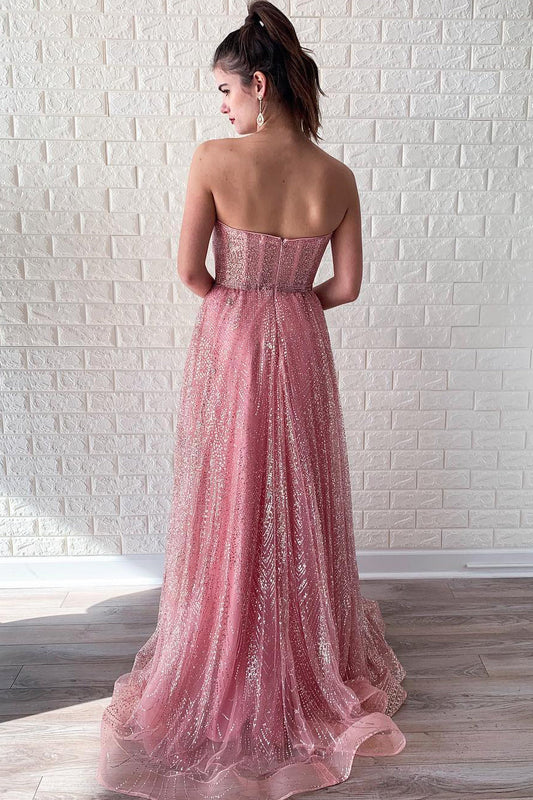Formal Wear Dresses/A-line Sparkly Sweetheart Long Pink Prom Dress