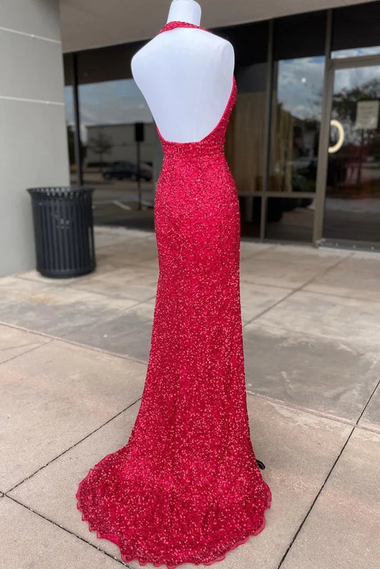 Formal Wear Dresses V Neck Sleeveless Backless Halter Red Sequin Mermaid Side Slit Prom Dress Stores With Prom Dresses