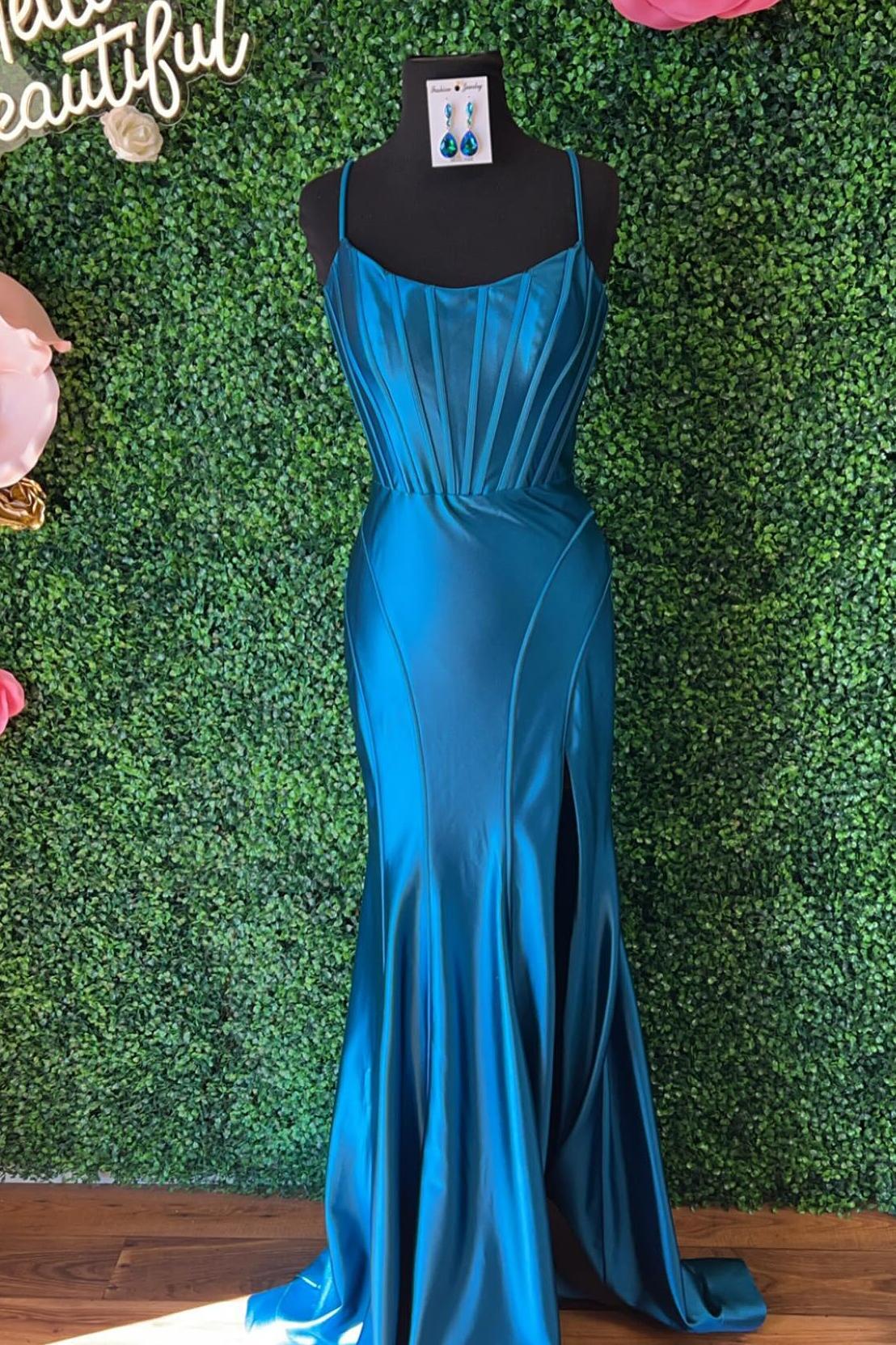 Formal Women's Dresses Spaghetti Straps Backless Hot Pink Fitted Long Formal Dress With Slit Prom Dress In Store