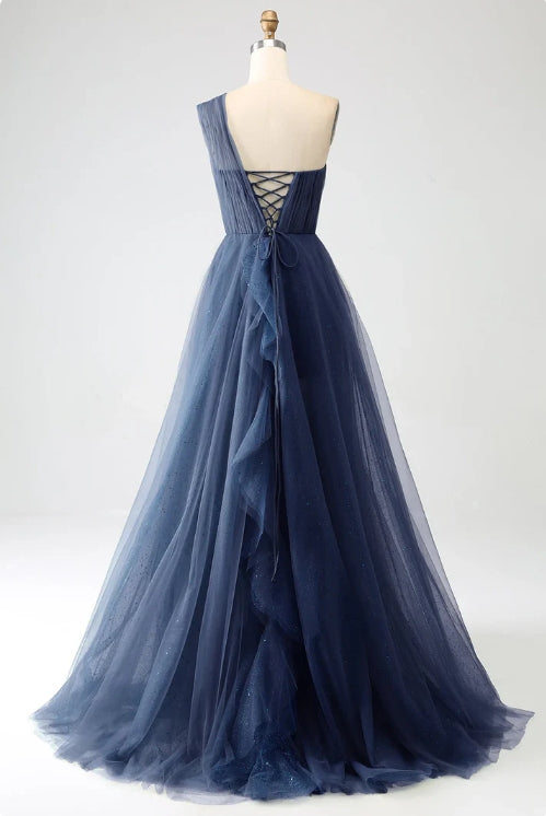 Liymcdress Long Prom Dress A-Line One-Shoulder Tulle Dark Green Elegant Evening Party Dress