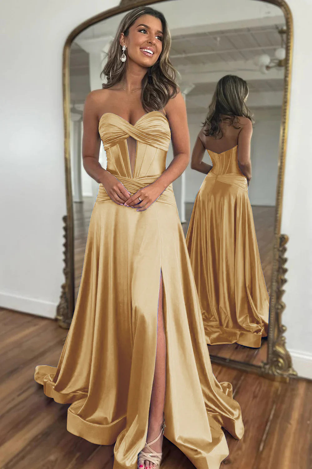 Sweetheart Zipper Back Long Satin Gold Prom Dress With Split