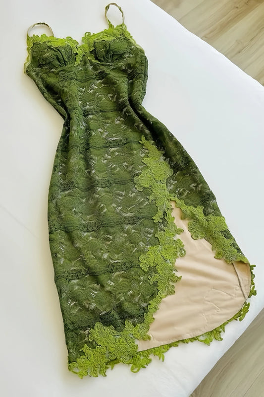 Green Lace Bodycon Homecoming Dress - Short V-Neck Prom Dress with Slit