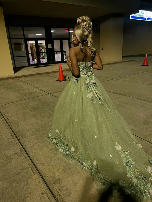 Green Strapless Long Prom Dress With Appliques,AST2297