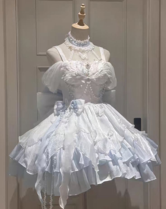 Classy Spaghetti Straps Light blue Chiffon Appliques Short 15th Birthday Dress Formal Homecoming Dress Y9875