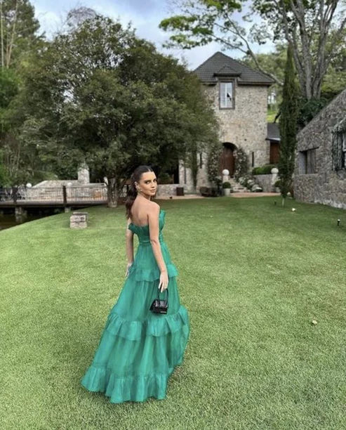 Liymcdress Green A-Line Off Shoulder Strapless Tiered Long Prom Dress Party Dress