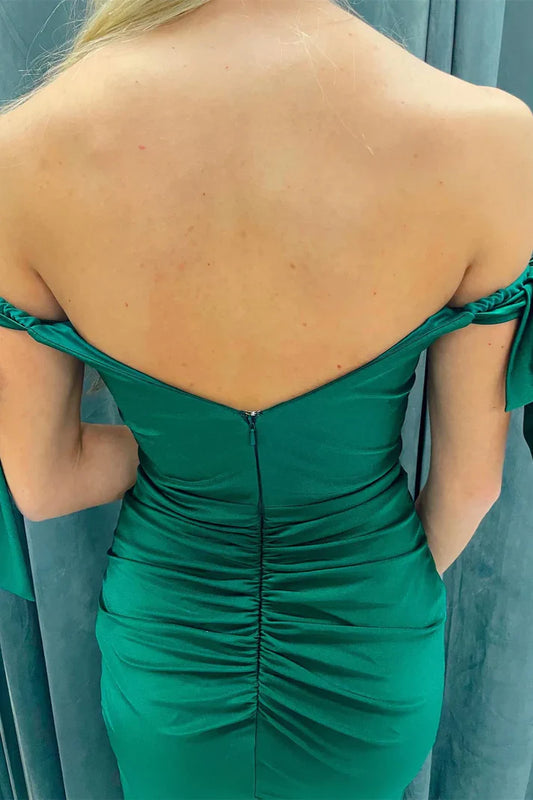Wholesale Green Off-the-Shoulder Mermaid Satin Long Prom Dress with Slit Charming Evening Party Dress