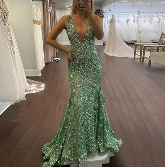 Liymcdress Dress Wholesale Sequin Mermaid Prom Dresses Long Sparkly Evening Gown Deep V Neck Backless Formal Party Gowns