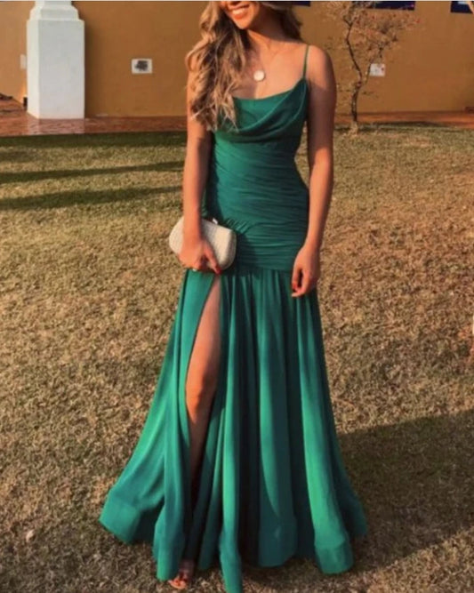 Liymcdress Green Spaghetti Straps Long Prom Dress Evening Party Dress with Slit