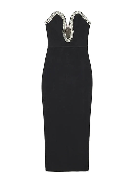 Liymcdress Black Strapless Beading Mermaid Prom Dress Long Party Dress with Slit Charming Evening Dress