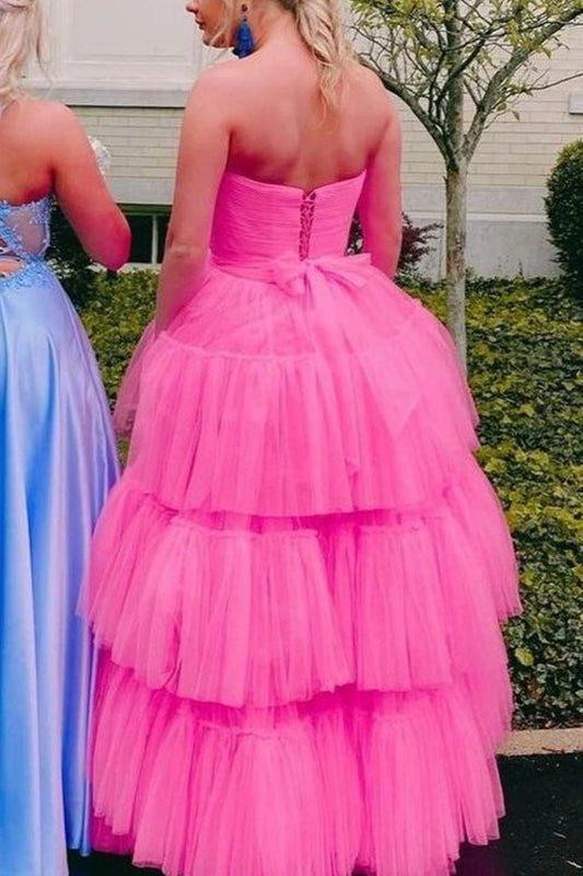 High Low Strapless Pink Tulle Long Prom Dresses, High Low Pink Formal Dresses, Pink Evening Dresses EP1647