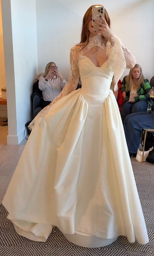 Ivory Wedding Dresses A-line Satin Lace Bridal Wedding Gown,LTP4245