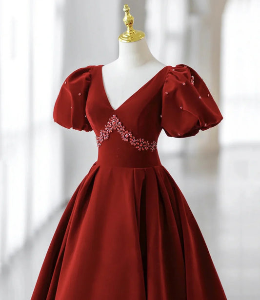 Wholesale Burgundy A Line Puff Sleeves Velvet Long Prom Dress Evening Dress Elegant