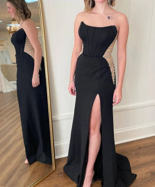 Wholesale Black Strapless Cut Out Sheath Long Prom Dress with Slit Charming Evening Dress