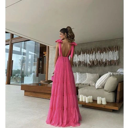 Liymcdress A-Line Backless Long Prom Dress V-Neck Formal Gown Charming Evening Dress