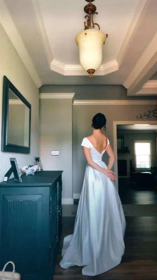 Liymcdress Charming A Line Short Sleeves Long Prom Dress Elegant Wedding Dress Simple Party Evening Dress