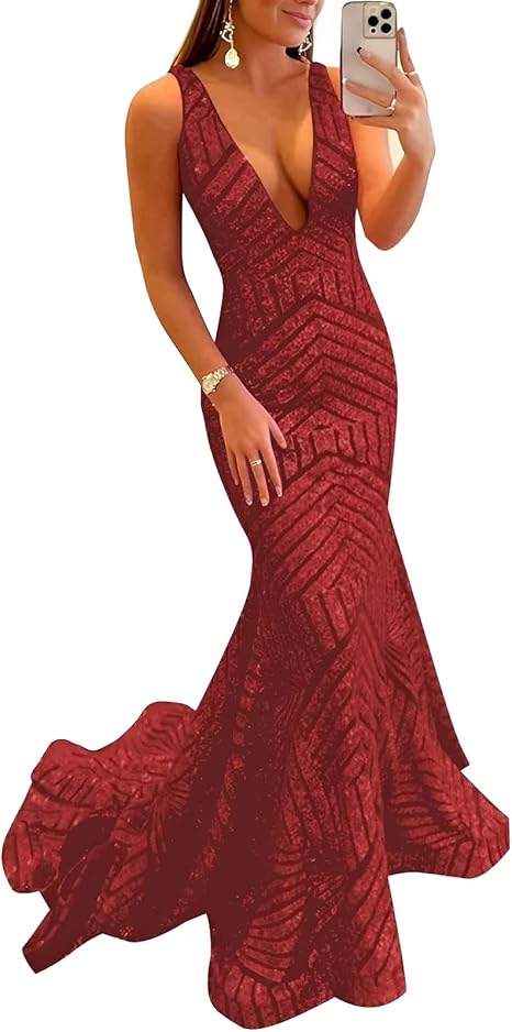 Liymcdress Dress Wholesale Sequin Mermaid Prom Dresses Long Sparkly Evening Gown Deep V Neck Backless Formal Party Gowns