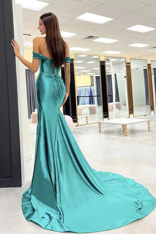 Wholesale Mermaid Off-the-Shoulder Long Prom Dress Satin Corset High Slit Evening Dress