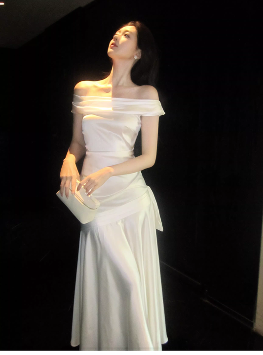 Charming Off The Shoulder White Satin Pleated Mermaid Long Evening Dress Birthday Dress SP1642