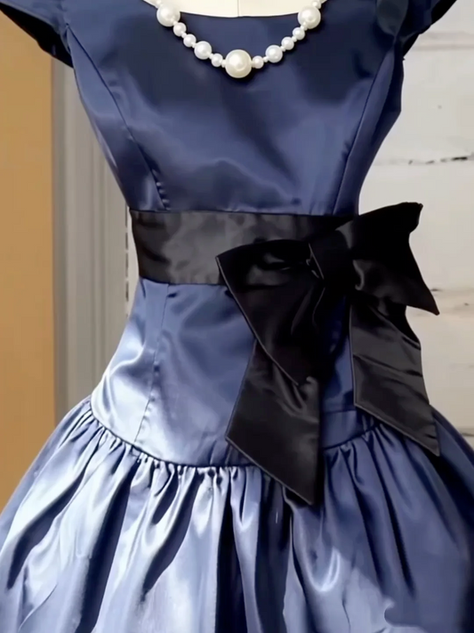 Vintage Navy Blue Satin A Line Short Prom Dress Formal Graduation Homecoming Dress Y9994