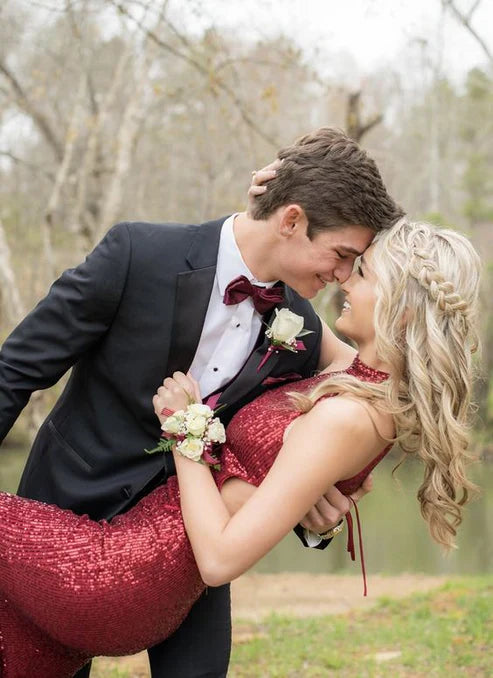 Burgundy Sequins Mermaid Long Prom Dress Sleeveless Sparkly Evening Dress Wholesale