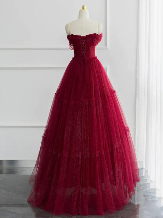 Burgundy A-line Off Shoulder Tulle Shiny Long Prom Dress Charming Evening Dress Wholesale