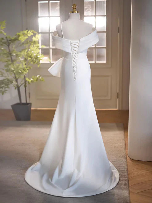 Wholesale Simple Off the Shoulder Satin Long Prom Dress Formal Dress with Slit Elegant Wedding Dress