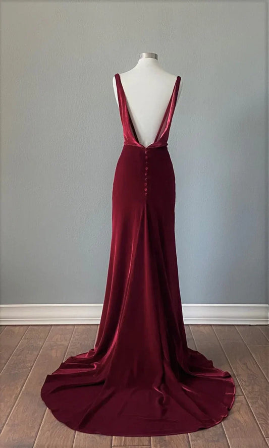 Burgundy Backless Velvet Long Prom Dress Formal Party Dress Elegant Evening Dress Wholesale