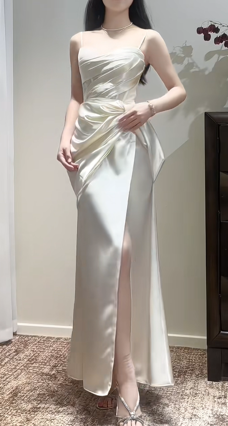 Elegant Spaghetti Straps Ivory White Satin Pleated Slit Mermaid Bridesmaid Dress SP423