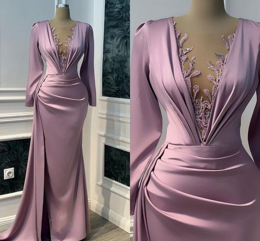 Vintage Purple Prom Dress Long Sleeve Illusion V-neck Mermaid Evening Dress Floor Length Y6647