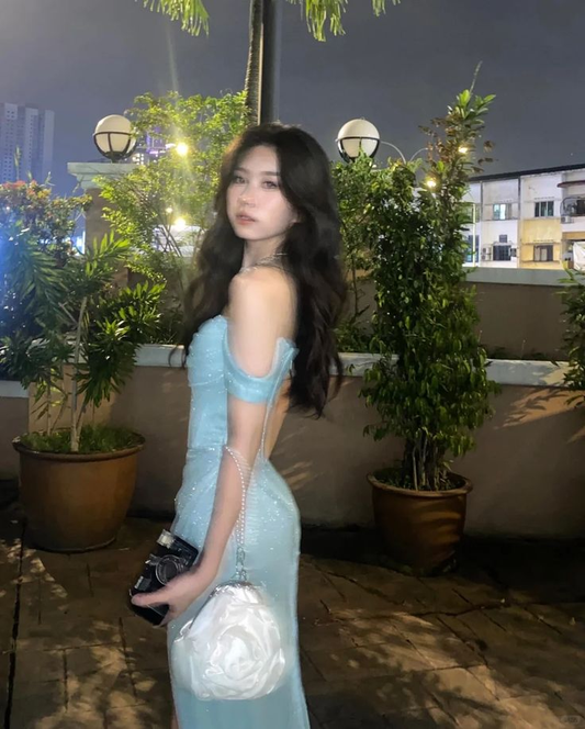 Shiny Baby Blue Off the Shoulder Satin Sequin Mermaid Slit Prom Dress Long Birthday Evening Dress SP1733