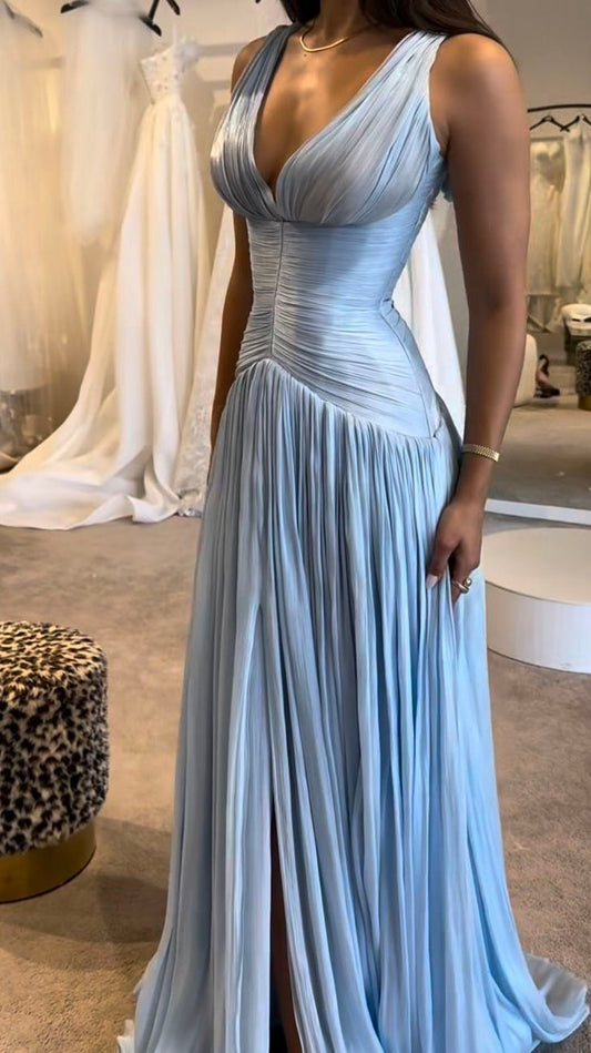 Light Blue Pleated Evening Formal Dresses V-Neck Senior Prom Dress,LTP4257