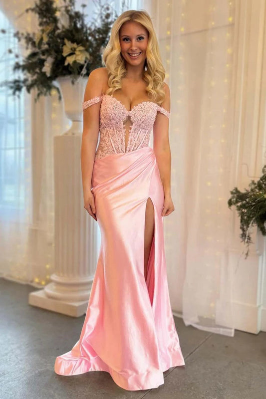 Light Pink Prom Dress with Off the Shoulder Neckline Lace Top and Satin Skirt with Slit
