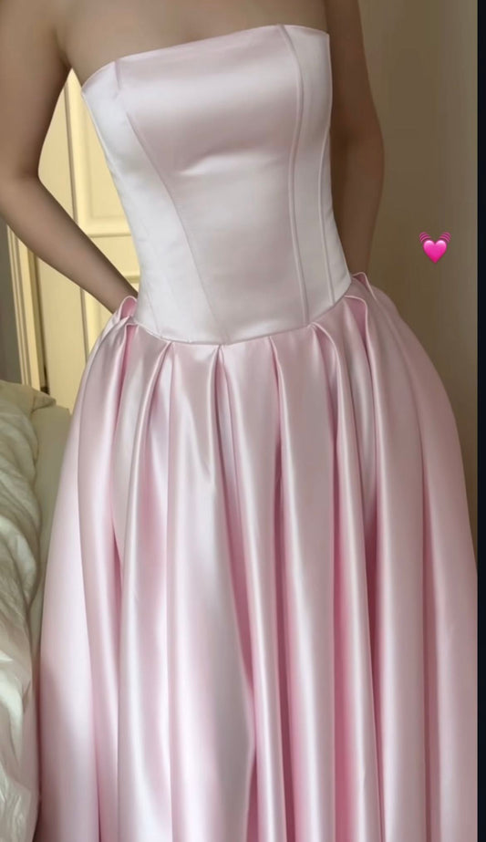 Light Pink Prom Dresses Strapless Evening Dress A-Line Party Dress Satin Formal Outfits,LTP4263