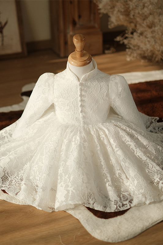 Long Sleeves Ivory A-line Lace Birthday Dress