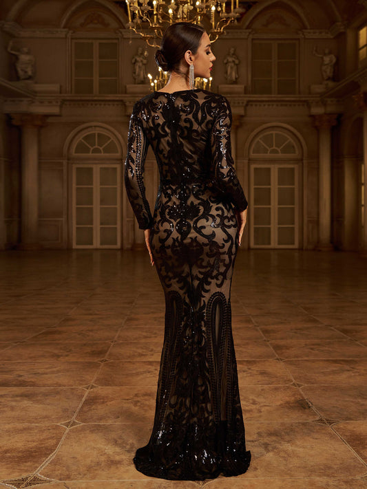 Luxury Mermaid Round Neck Long Sleeve Zipper Up Sweep/Brush Train Prom Dress