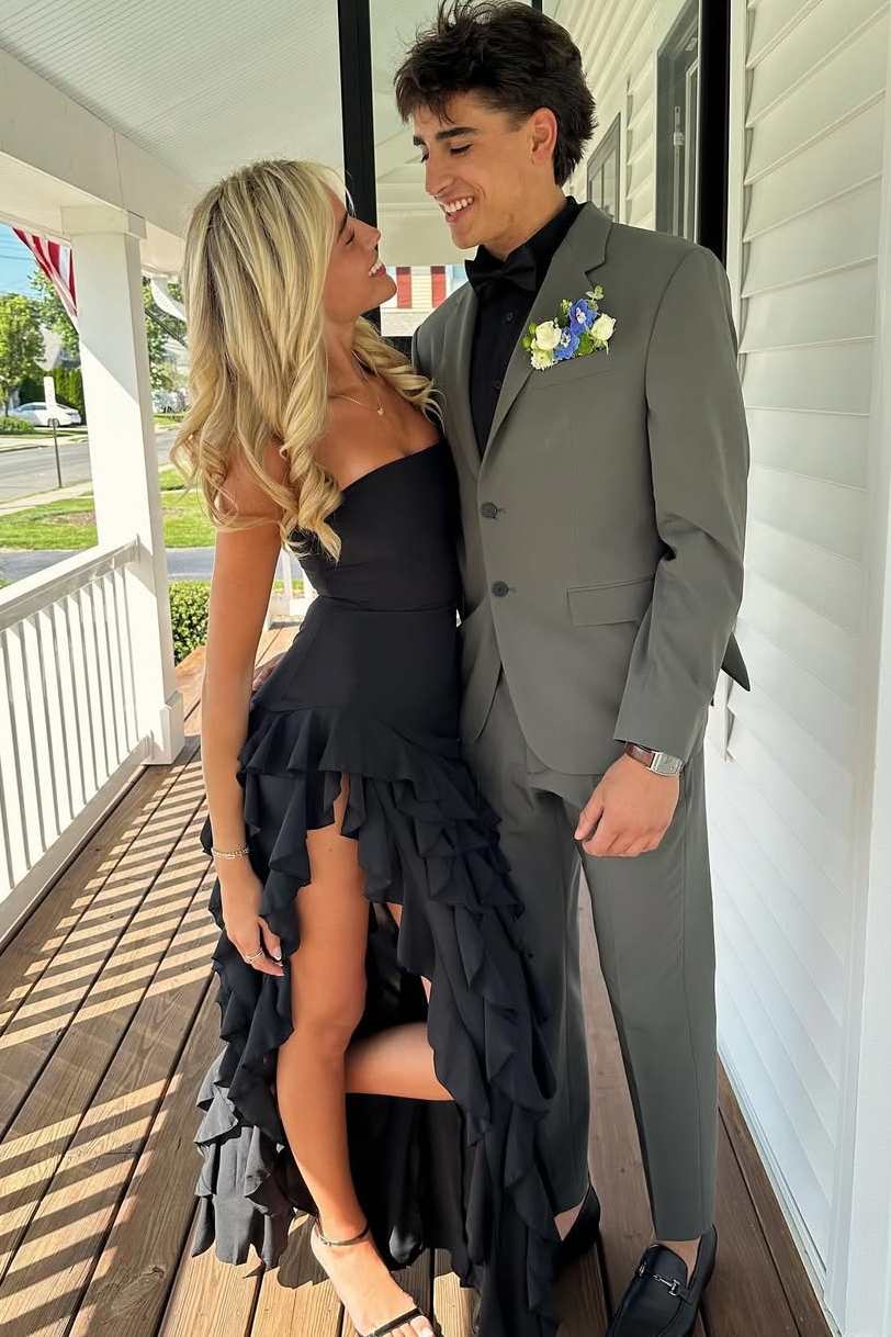 Black Strapless Ruffled Prom Party Dress with Slit
