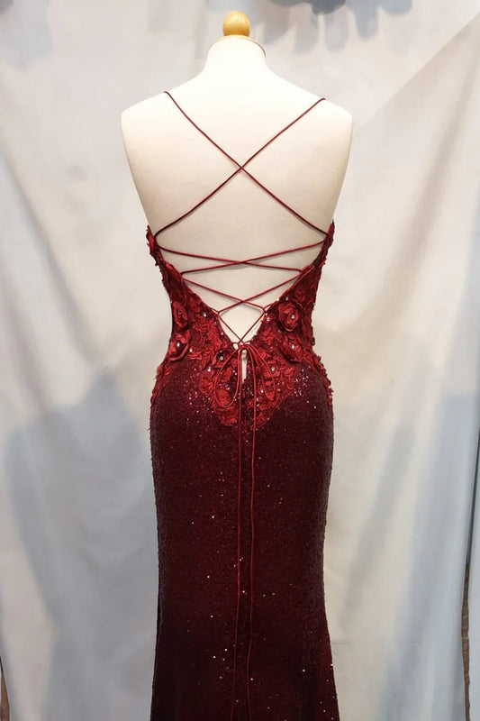 Mermaid Spaghetti Straps Burgundy Sequins Prom Dress with Appliques