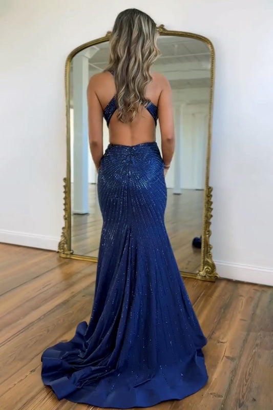 Navy Blue Mermaid Deep V Cross Back Gown with Beading and Slit Prom Dress