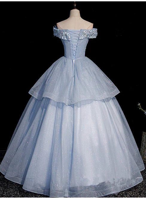 Liymcdress Light Blue Ball Gown Tulle with Lace Formal Dress Sweet 16 Dresses Off Shoulder Prom Dress