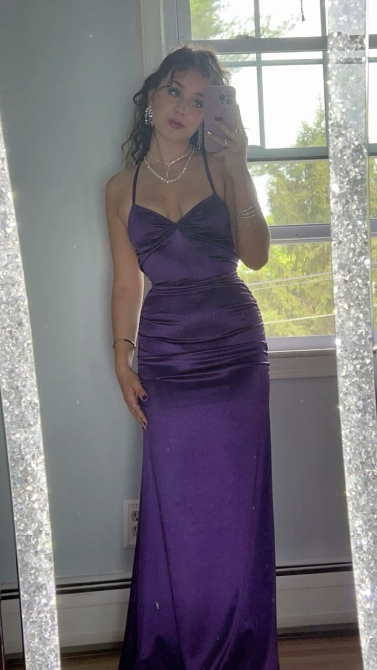 Beautiful Purple Satin Sheath Long Evening Dress Tight