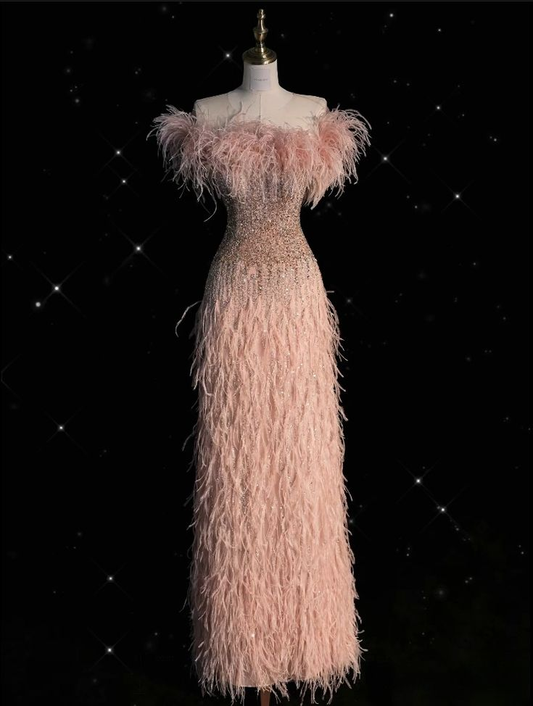 Luxury Strapless Feathers Beaded Floor Length Evening Dress Pink Prom Dress Y8771