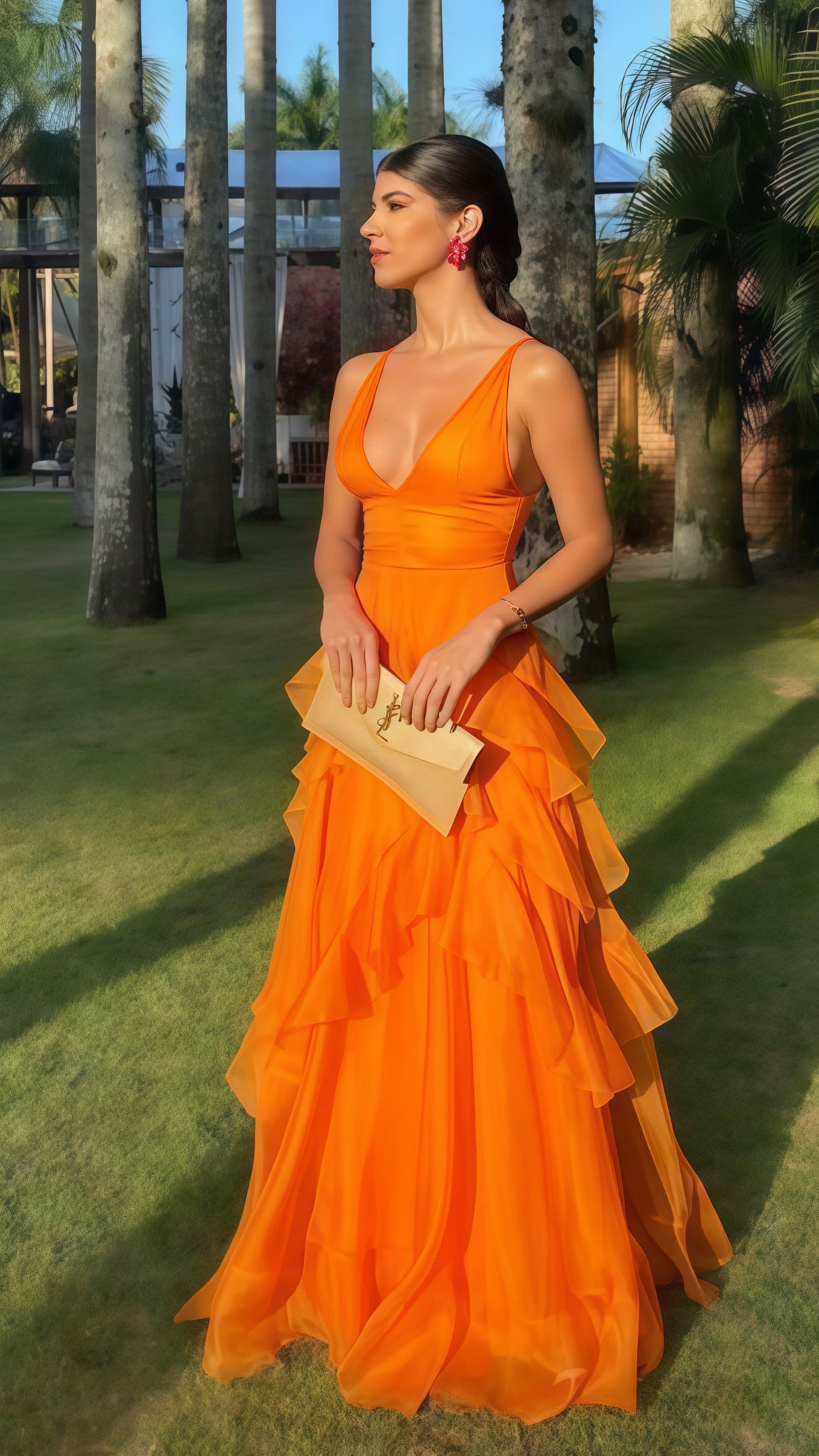 Orange V-Neck Organza Prom Dress, Sleeveless Long Party Dress,AST1755