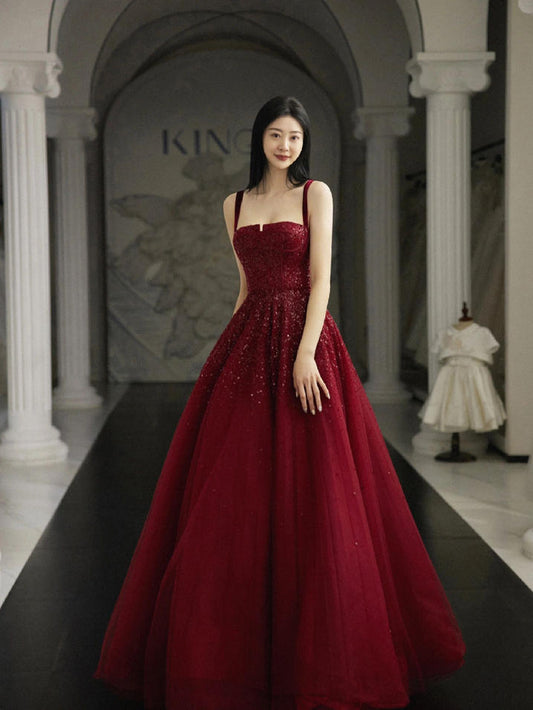 Burgundy Prom Dresses A line Straps Tulle Evening Dresses P1081