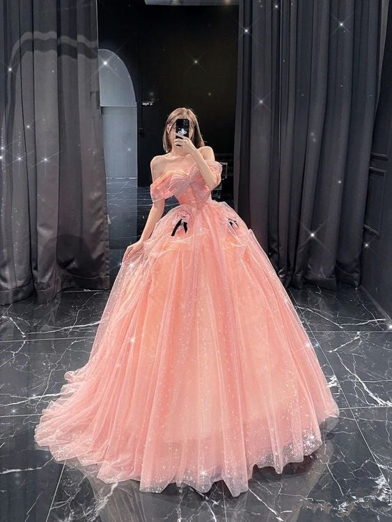 Ball Gown Off The Shoulder Floor Length Sleeveless Pink Prom Dress P1180