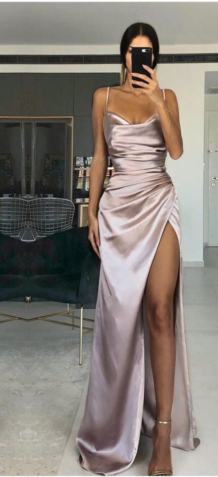 Sexy Sheath Halter Silk Satin Long Slit Pink Prom Dresses P1359