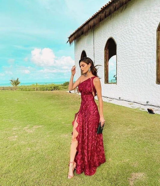 Beautiful Sheath One Shoulder Lace Long Prom Dress Evening Dress P1846